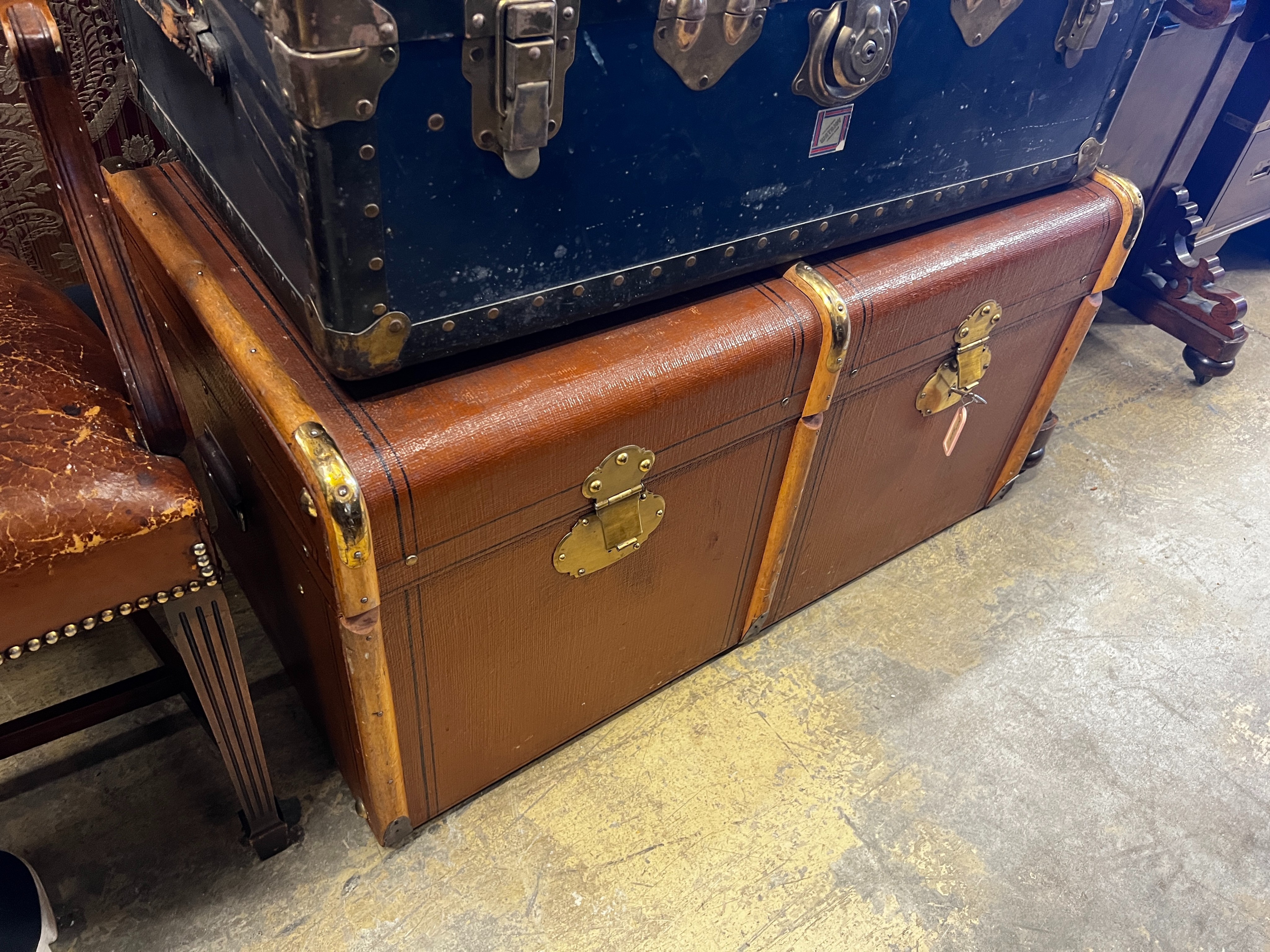 Two vintage cabin trunks, larger 89cm, depth 50cm, height 48cm